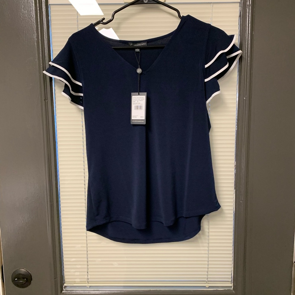 🫶🏼 NWT Adrianna papell Navy Blue Ruffle Sleeve Women's Top size medium blouse